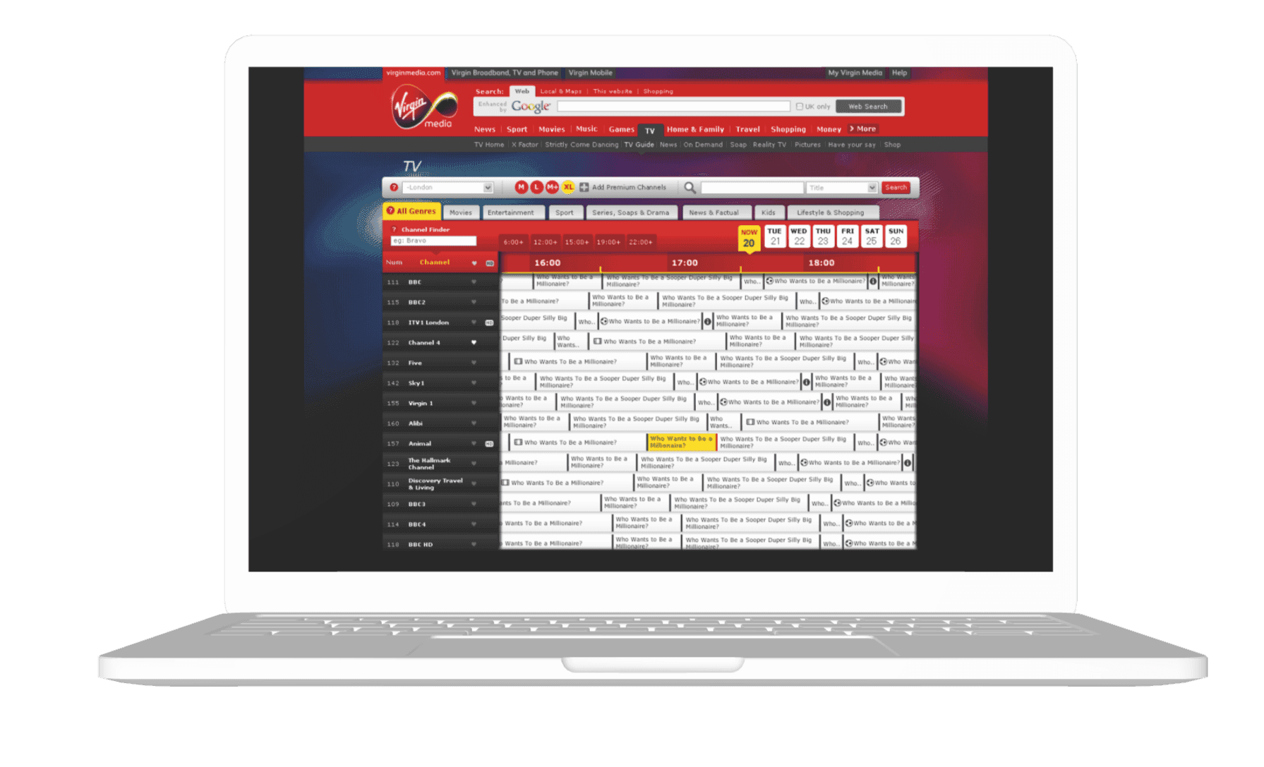 Laptop screen displaying an online TV program schedule with various channels and time slots.