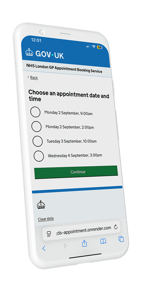 Smartphone displaying NHS appointment booking screen with date and time options.