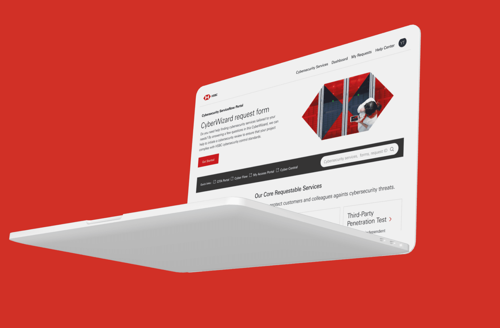 Slanted laptop screen displaying a cybersecurity service request form on a red background.