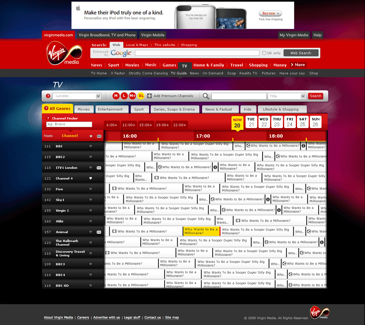 Virgin Media TV guide interface displaying channel listings and program schedules.
